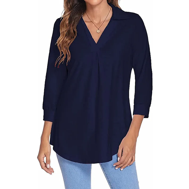 Womens 3/4 Sleeve Shirts Collared V Neck Business Casual Tops Loose Work Blouses