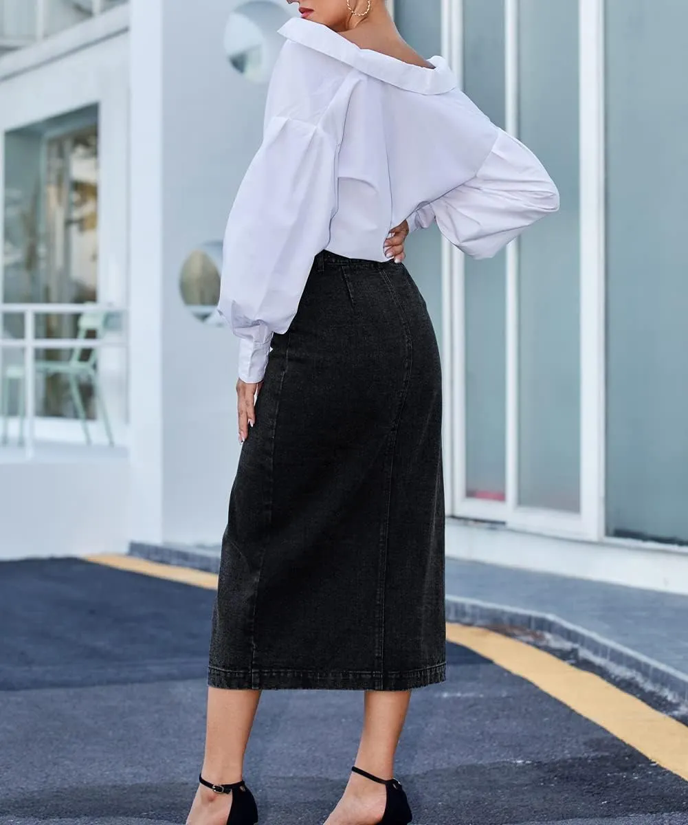 Women's Casual High Waisted Button Up Denim Midi Skirts Irregular Split A Line Jean Pencil Skirt