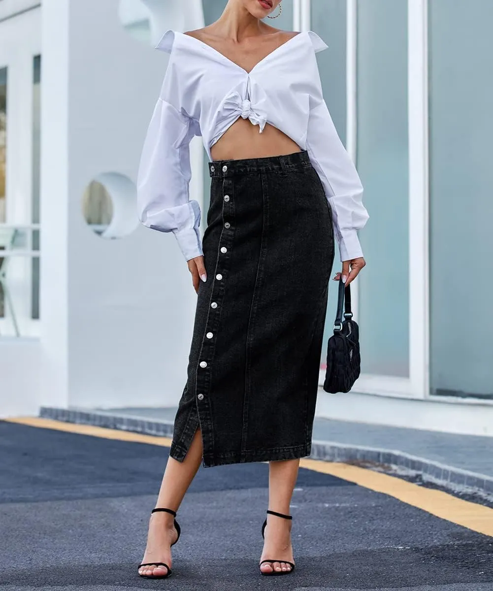 Women's Casual High Waisted Button Up Denim Midi Skirts Irregular Split A Line Jean Pencil Skirt