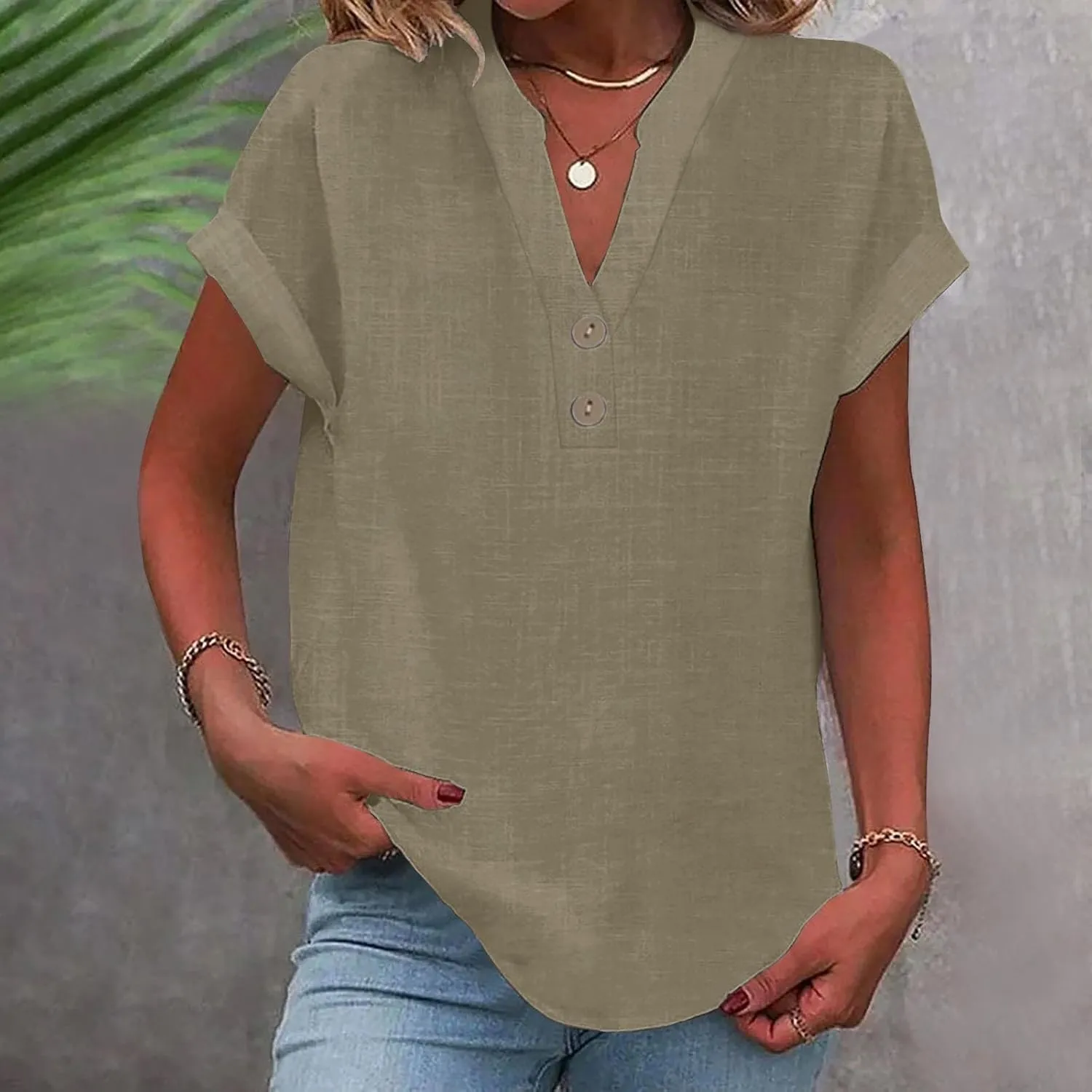 Women's Cotton Linen Cap Sleeve T-Shirt Half Button V Neck Tunic Tops Lounge Baggy 2025 Solid Color Summer Blouses