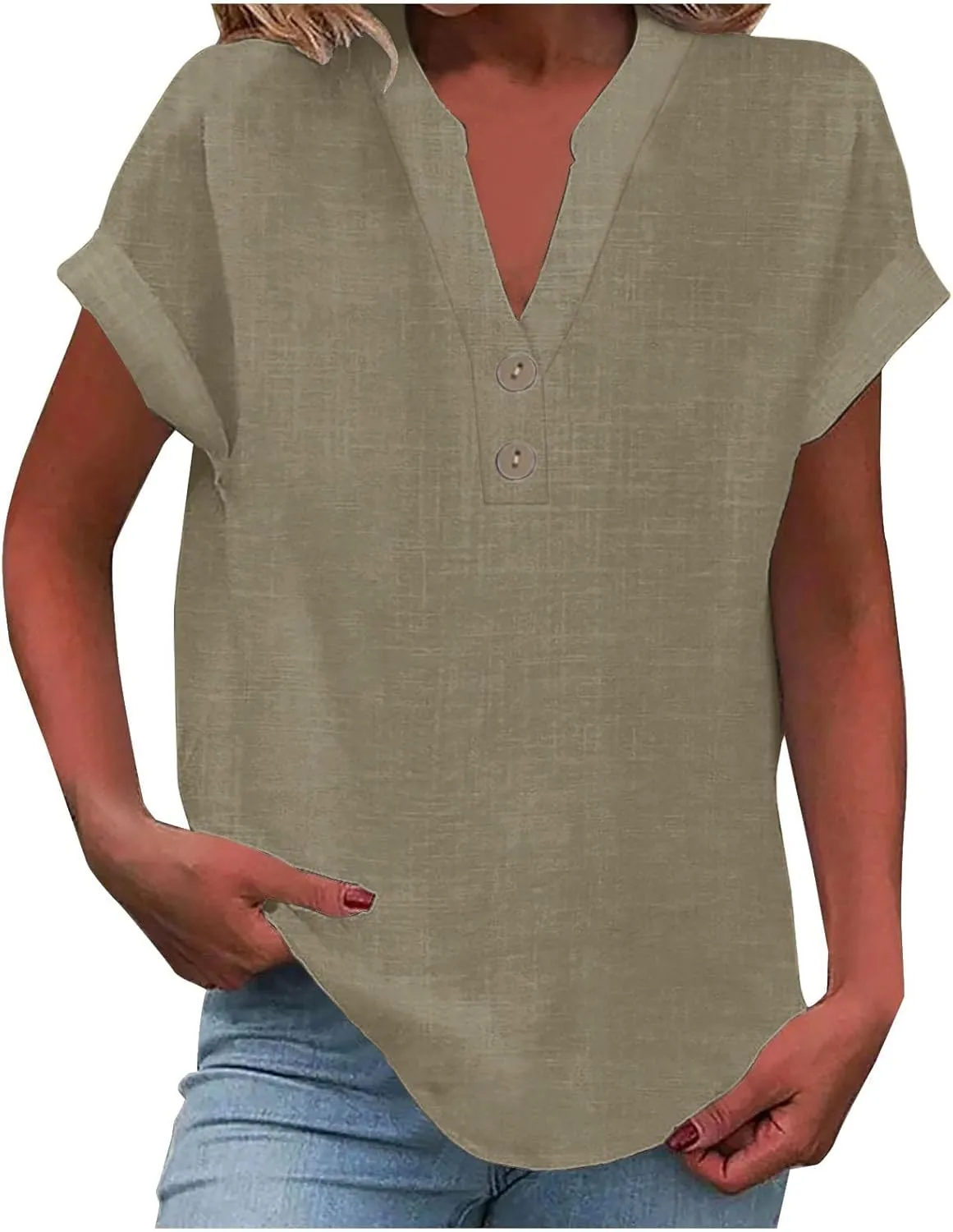 Women's Cotton Linen Cap Sleeve T-Shirt Half Button V Neck Tunic Tops Lounge Baggy 2025 Solid Color Summer Blouses