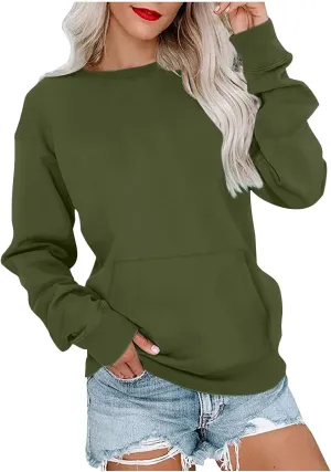 Womens Fashion Blouse Long Sleeves Round Neck Sweatshirt Fitted Solid Color Tops Pullover Casual Loose Hoodies