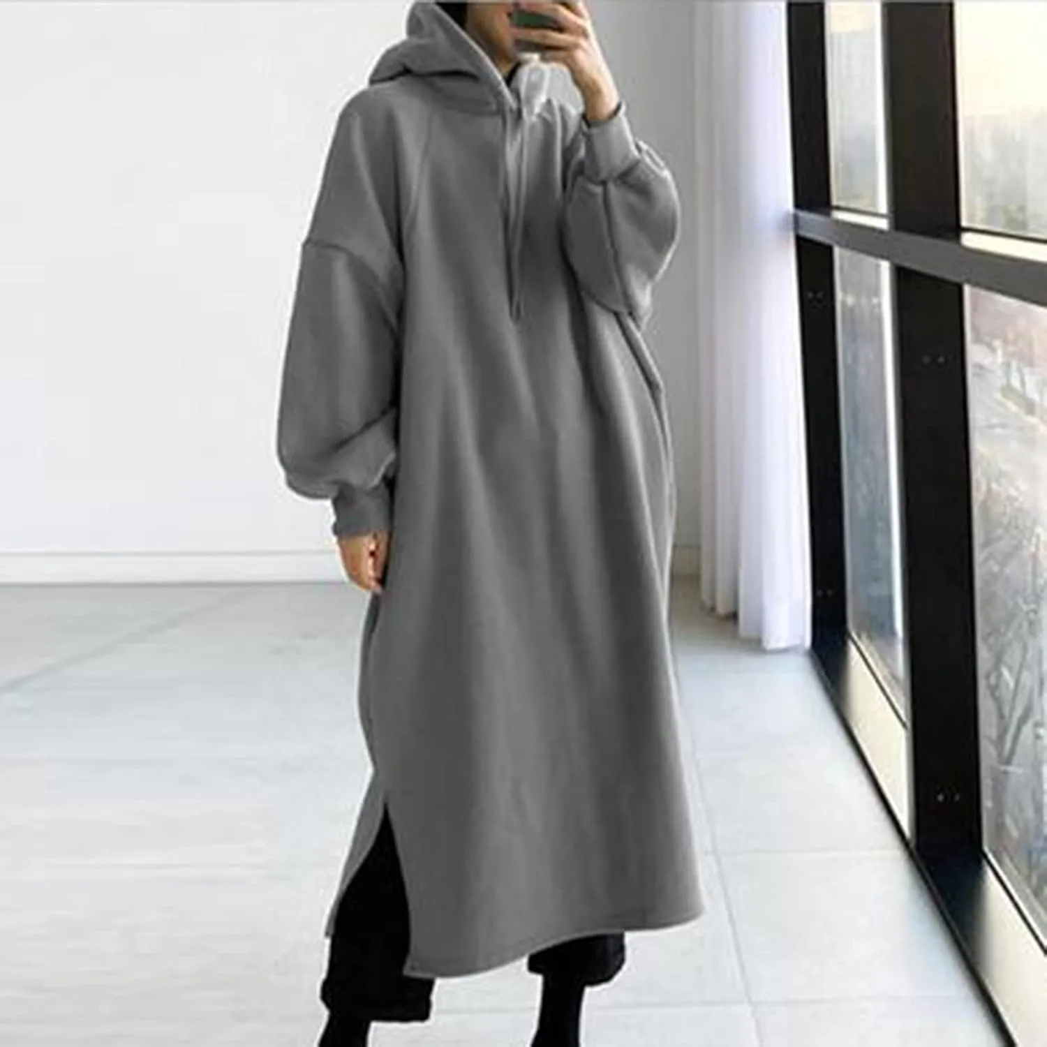 Women's Hooded Sweatshirt Side Split Tunic Dresses Long Sleeve Solid Casual Oversized Long Hoodie Pullovers Tops