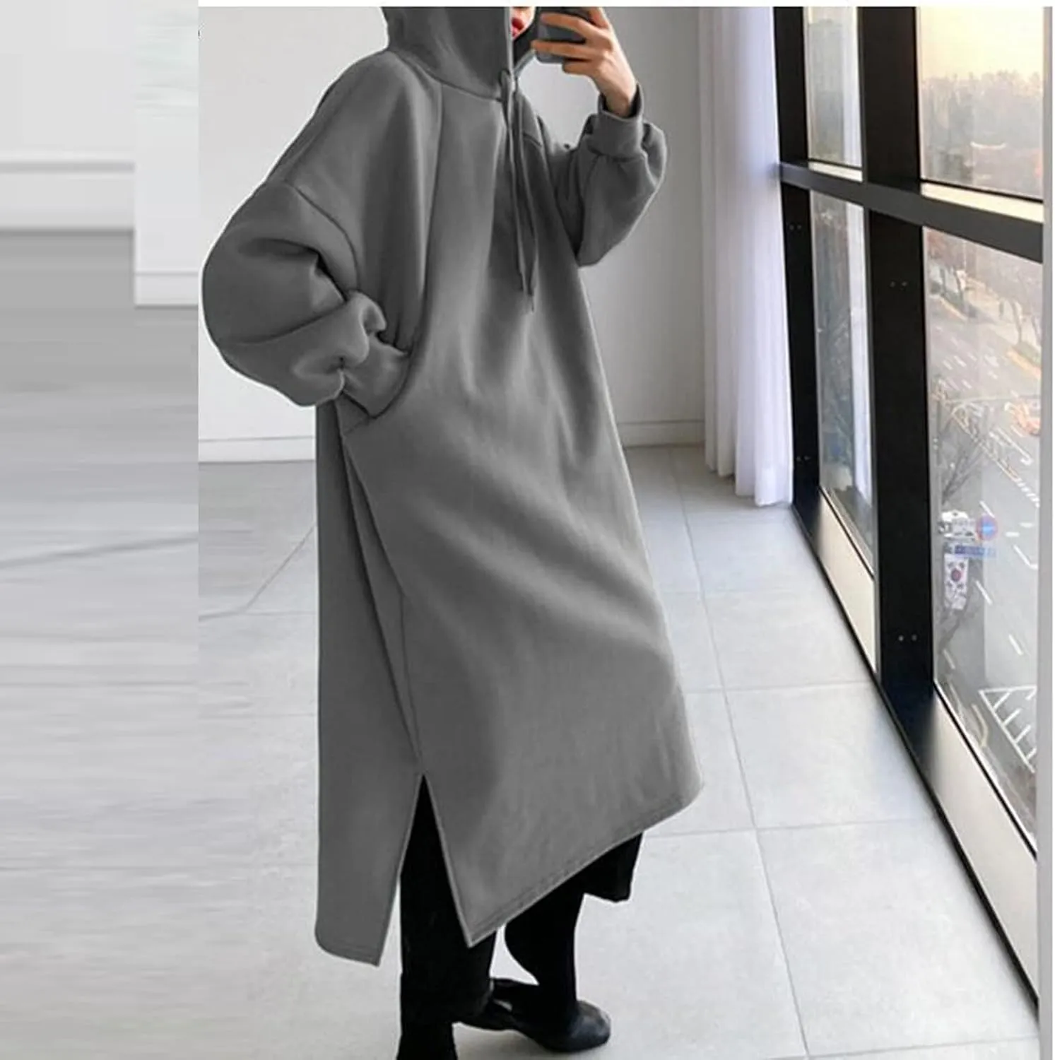 Women's Hooded Sweatshirt Side Split Tunic Dresses Long Sleeve Solid Casual Oversized Long Hoodie Pullovers Tops