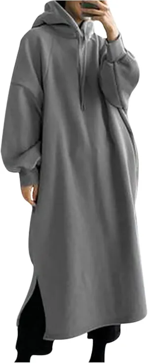 Women's Hooded Sweatshirt Side Split Tunic Dresses Long Sleeve Solid Casual Oversized Long Hoodie Pullovers Tops