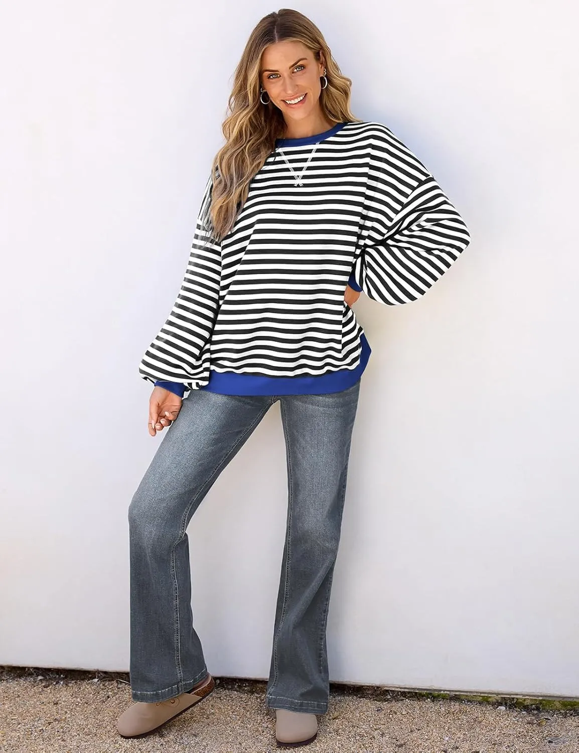 Women's Oversized Striped Crewneck Sweatshirt Color Block Long Sleeve Crew Neck Pullover Tops.