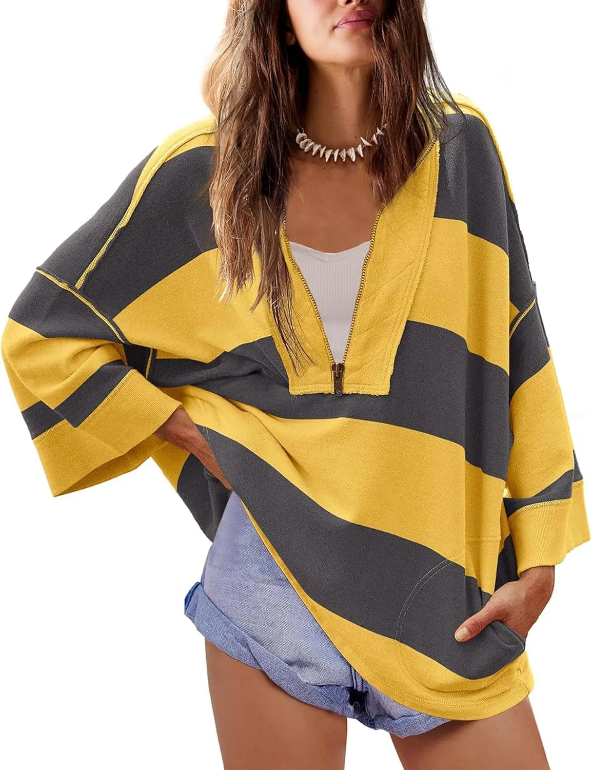 Women's Striped Shirt Oversized Half Zip Sweatshirts Long Sleeve V Neck Loose Y2k Hoodies Pullover