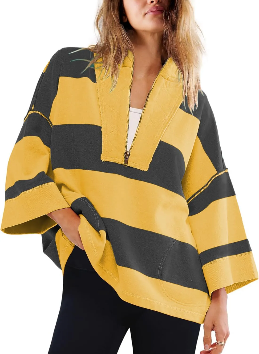 Women's Striped Shirt Oversized Half Zip Sweatshirts Long Sleeve V Neck Loose Y2k Hoodies Pullover