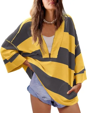 Women's Striped Shirt Oversized Half Zip Sweatshirts Long Sleeve V Neck Loose Y2k Hoodies Pullover