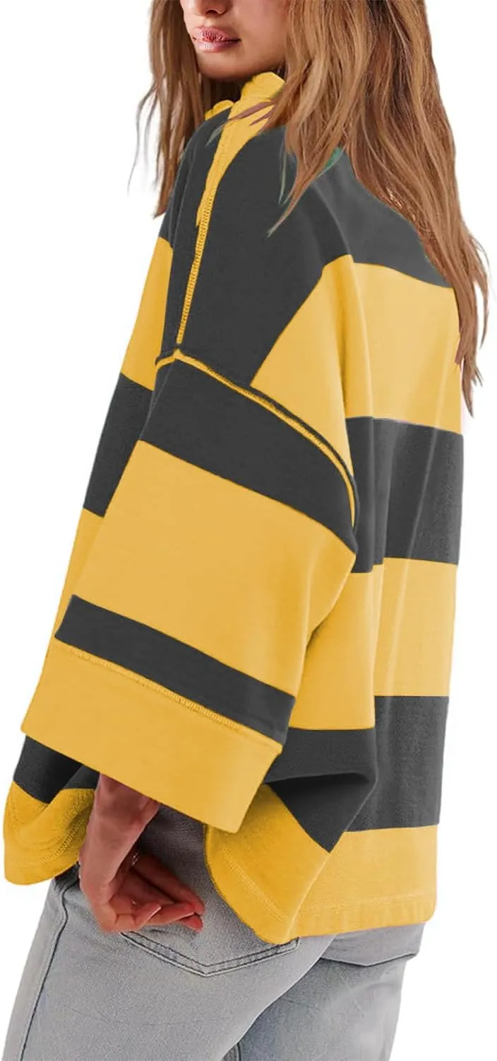 Women's Striped Shirt Oversized Half Zip Sweatshirts Long Sleeve V Neck Loose Y2k Hoodies Pullover