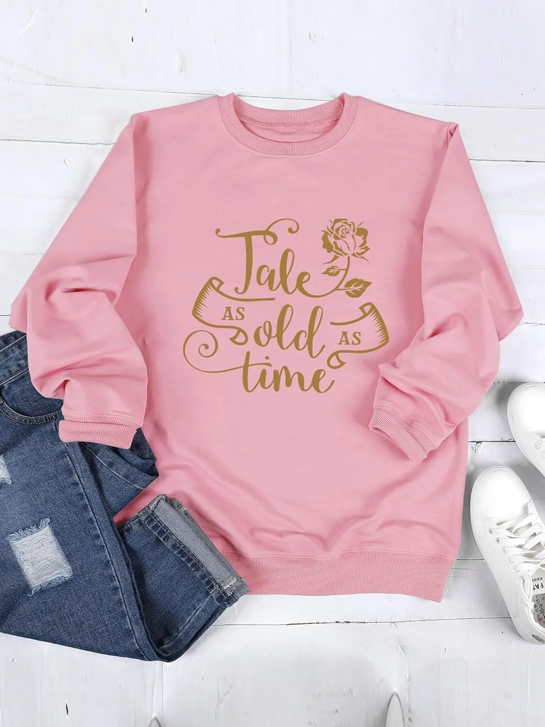 Womens Tale As Old As Time Crewneck Long Sleeve Sweatshirts Graphic Casual Letters Printed Shirts