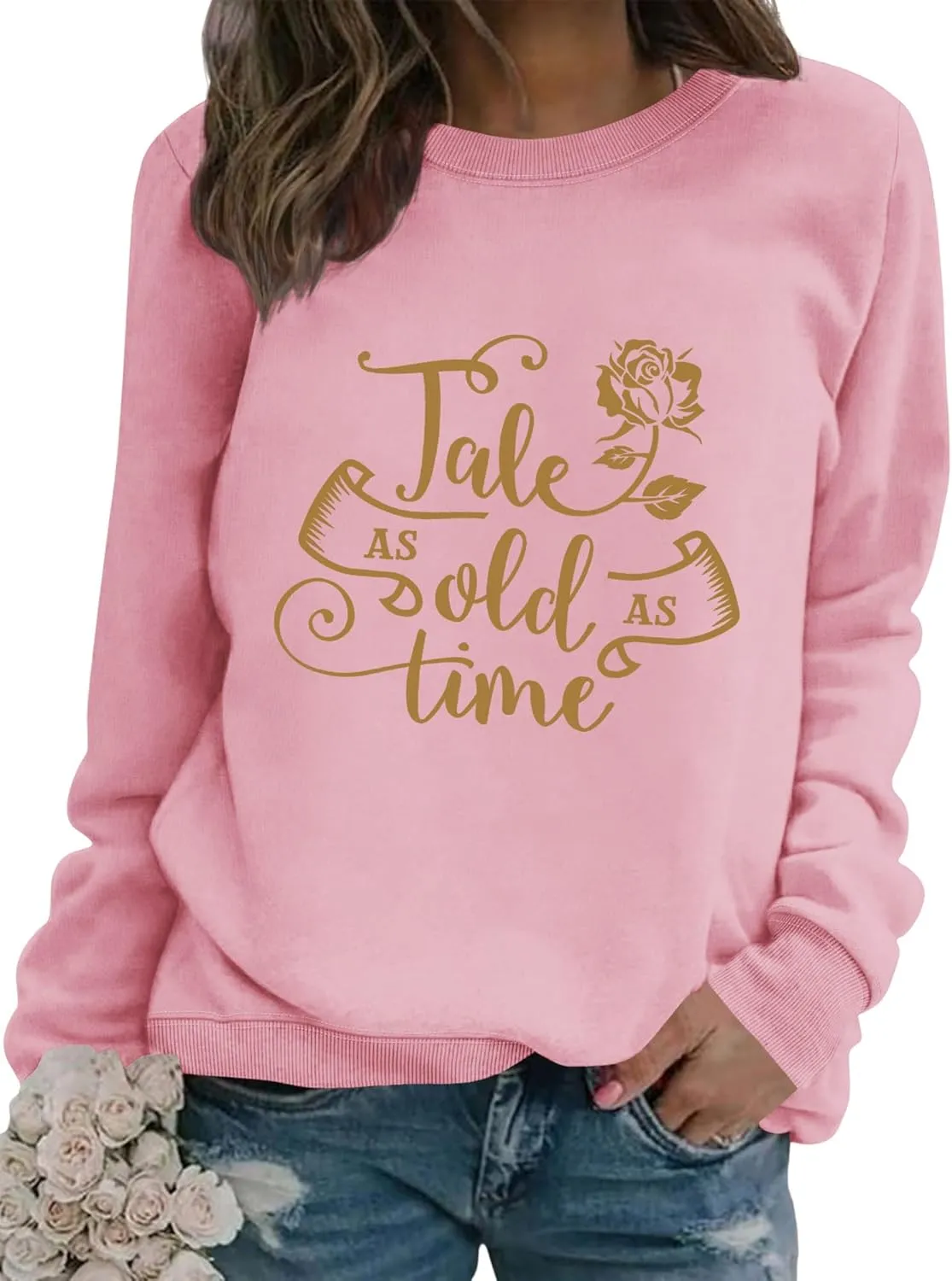 Womens Tale As Old As Time Crewneck Long Sleeve Sweatshirts Graphic Casual Letters Printed Shirts