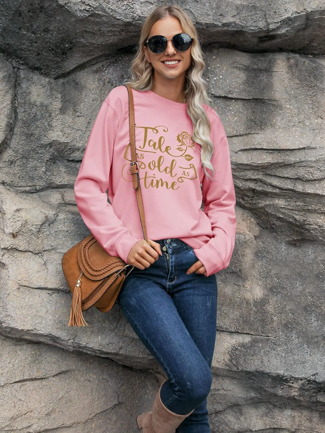 Womens Tale As Old As Time Crewneck Long Sleeve Sweatshirts Graphic Casual Letters Printed Shirts